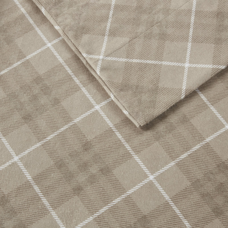 Ensemble de draps 100% coton Cozy Flannel, Ensemble de draps très grand californien avec 2 t, Tissu écossais brun clair