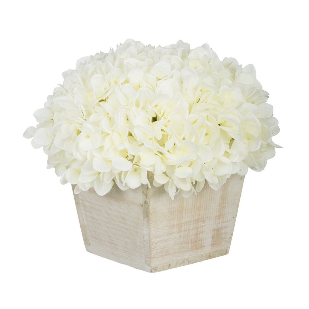 Synthetic Fabric Hydrangea Arrangement in Planter Ophelia & Co. Color: White