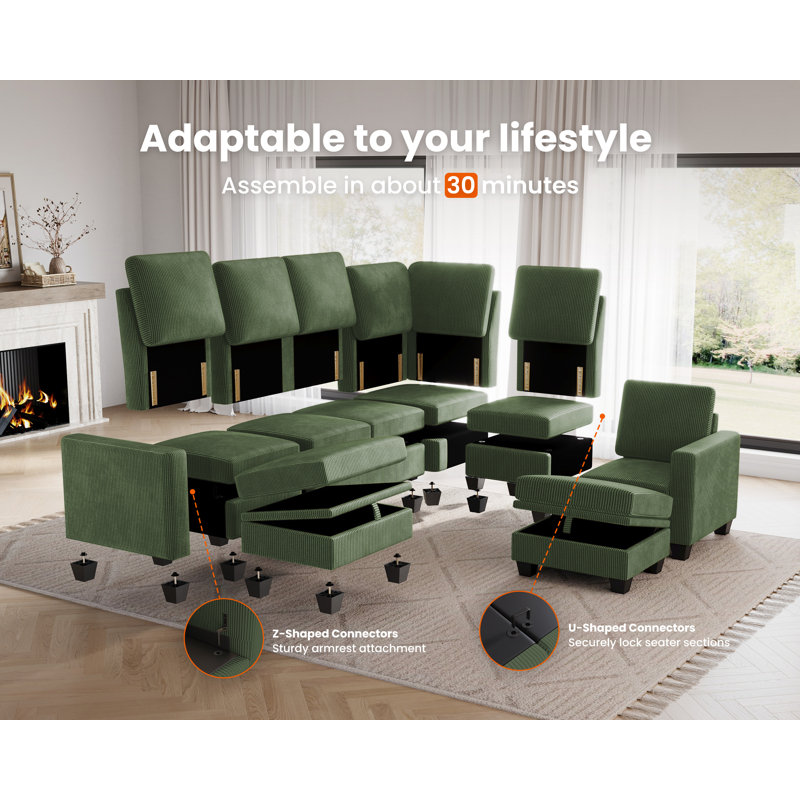 Corduroy Modular Sectional Couch with Ottoman Chaise, L Shaped 4-seat Sofa for Living Room, Apartment, Lounge, Modern Armrest Neck Support Furniture