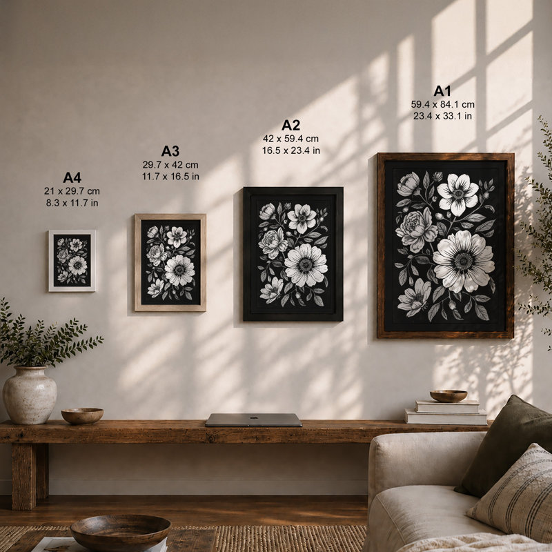 Blooms in Black Botanical - Framed Print, A4 - 29.7 x 21.0 cm, Black