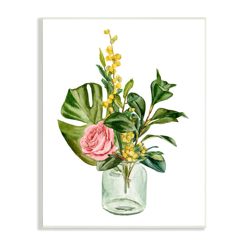 Aquarelle de pot de verre bouquet de roses roses et jaunes par Melissa Wang, H 19 po x l 13 po x P 0,5 po, Bois
