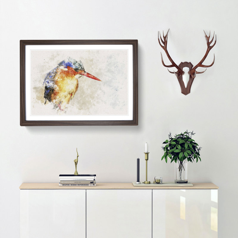 Exquisite Kingfisher Bird - Picture Frame Painting Print, 40cm H x 60cm W x 2cm D, Walnut Framed