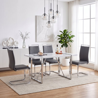 5-Piece Modern Glam Rectangular Dining Set with Faux Leather Chairs