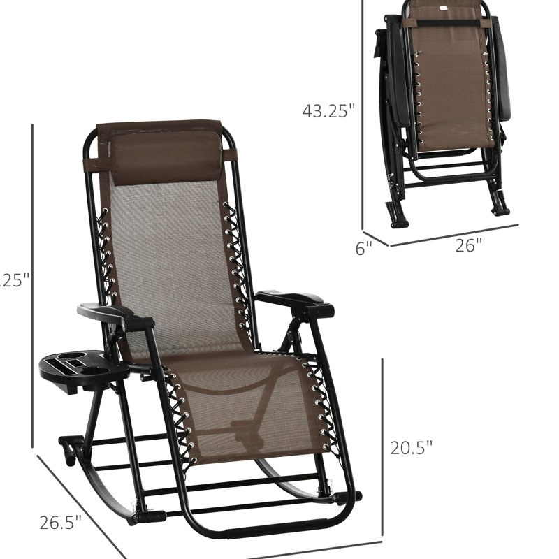 Chaise berçante d'extérieur brune, inclinable zéro gravité pliable avec coussin, porte-gobelet et téléphone, structure en acier robuste, fauteuil inclinable à installation instantanée