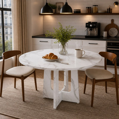 47" Farmhouse Round Dining Table for 4, MDF Kitchen Table with Oak Finish, Modern Circular Dining Table for Dining Room, Kitchen & Living Room