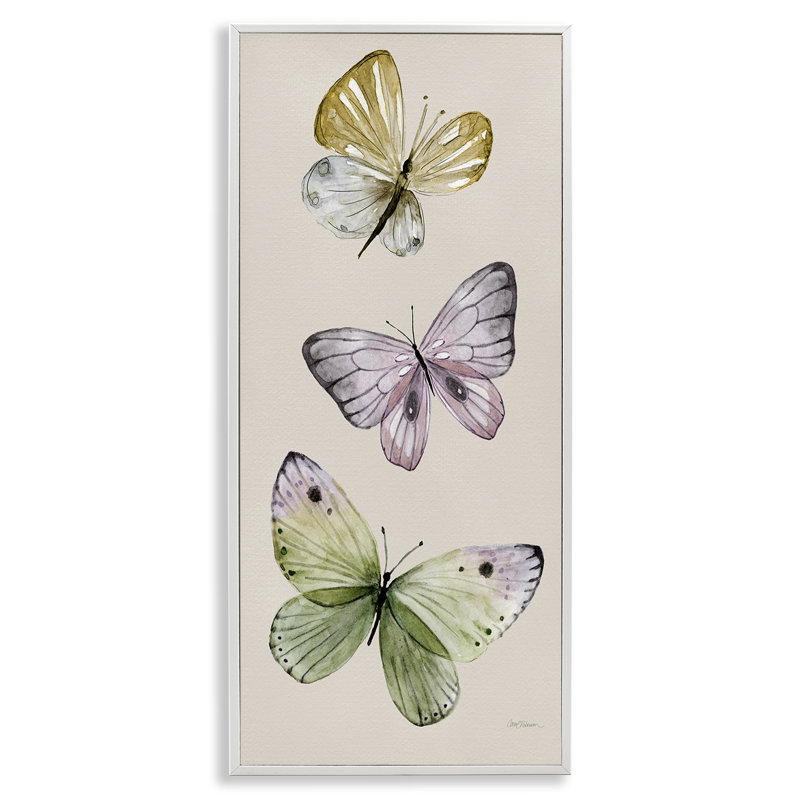 Trois papillons indémodables gris, estampe numérique par Carol Robinson, Giclée encadrée blanc bord de mer, H 24 po x l 10 po