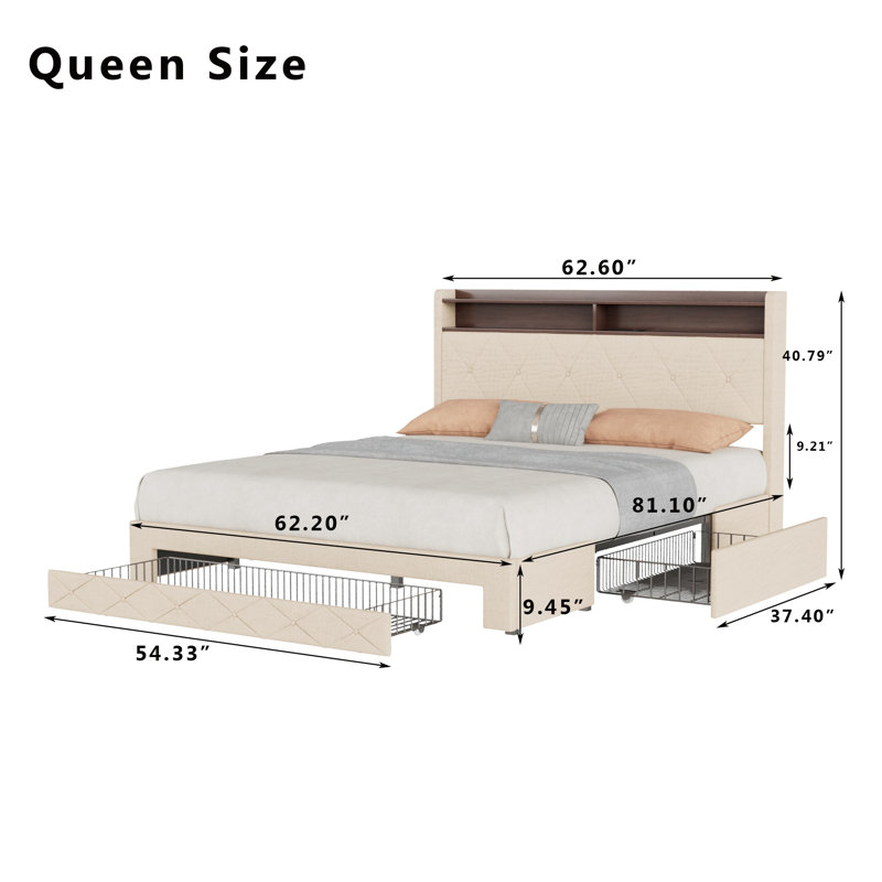Queen Size Storage Platform Bed Frame with Charging Station and LED Lights, Upholstered Bed Frame with Velvet Storage Bookcase Headboard, 3 Storage Drawers, No Box Spring Needed
