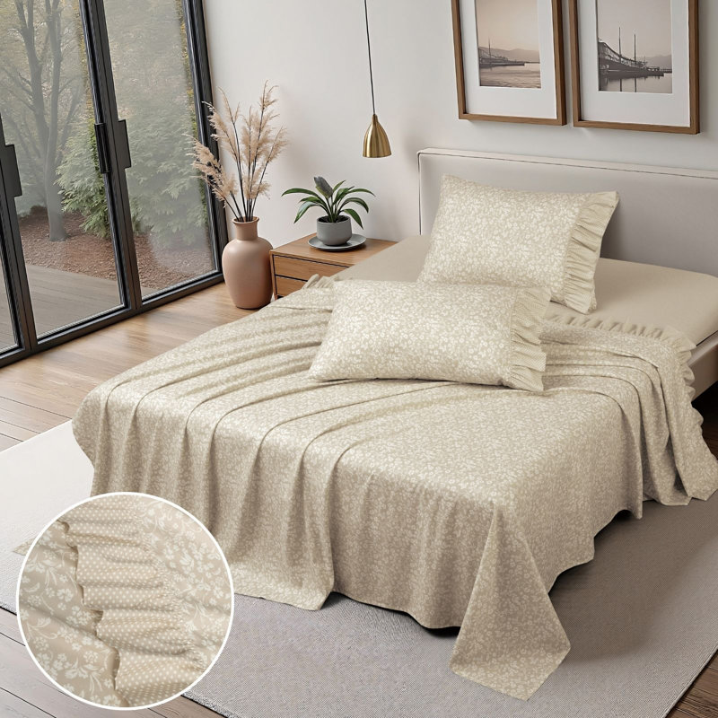 Printed Floral and Polka-Dot Ruffle Sheet Set, Taupe, Queen