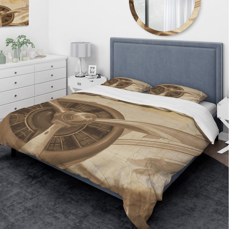 Twin Sepia Vintage Airplane Microfiber Duvet Cover Set