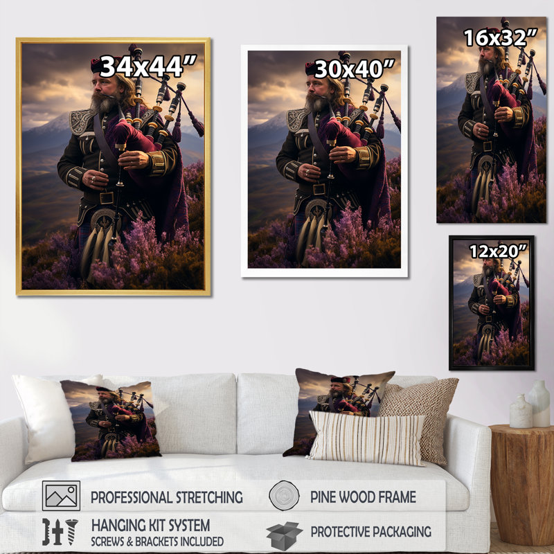 Écosse, cornemuse en Écosse, sur toile, Cadre doré simple, H 32 po x l 24 po x P 1 po