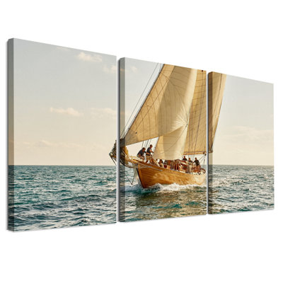 Ensemble de 3 toiles murales représentant un voilier en bois à voiles blanches sur un océan bleu