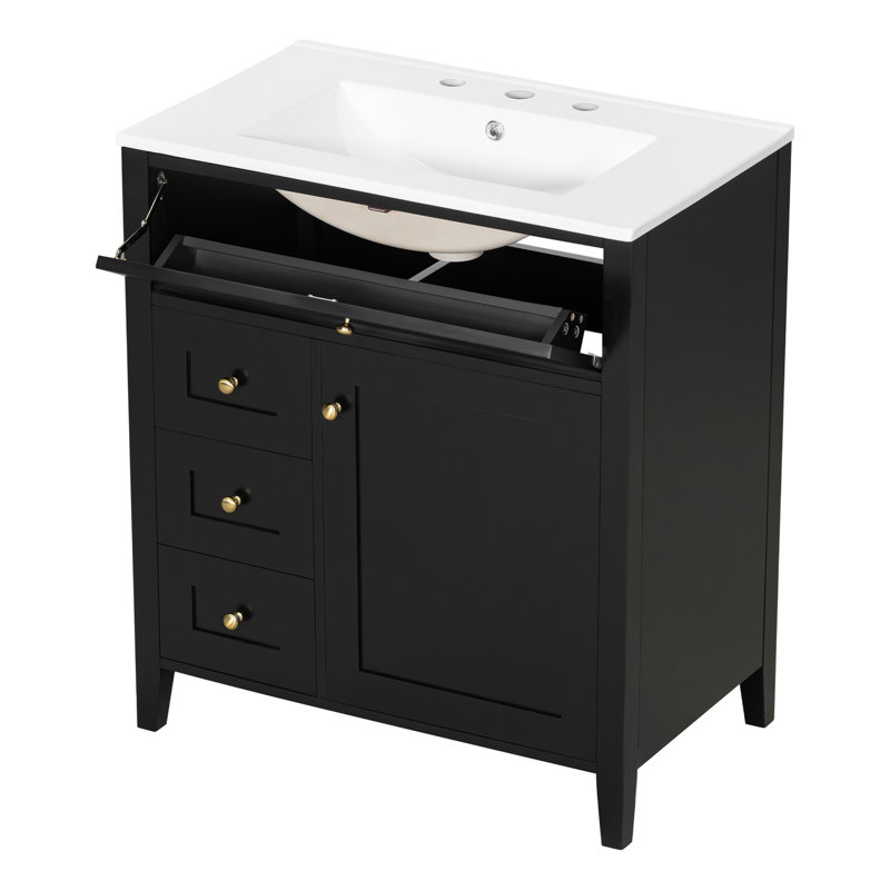 Meuble-lavabo de 30 pouces avec lavabo, panneau de fibres à densité moyenne moderne et bois d'hévéa avec 3 tiroirs et tablette réglable, meuble-lavabo autoportant pour le rangement et l'organisation de la salle de bain