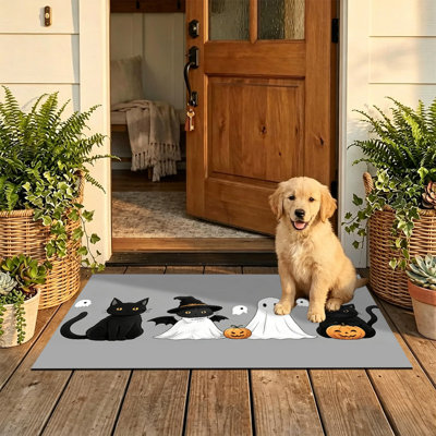 Non-Slip Indoor Outdoor Door Mat, 16"x24",cartoon cat ghost pumpkin