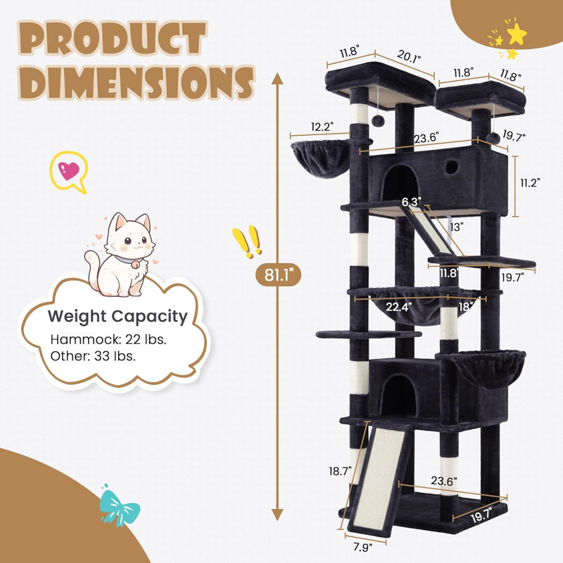 Tour pour arbre à chat multi-niveaux 81 po pour chatons d'intérieur / grands chats, Gris foncé