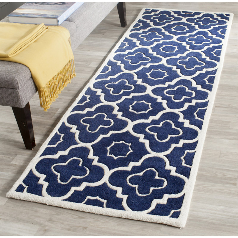 Tapis bleu foncé / ivoire en laine touffeté à la main Carolene, Rectangle 2 pi 3 po x 5 pi