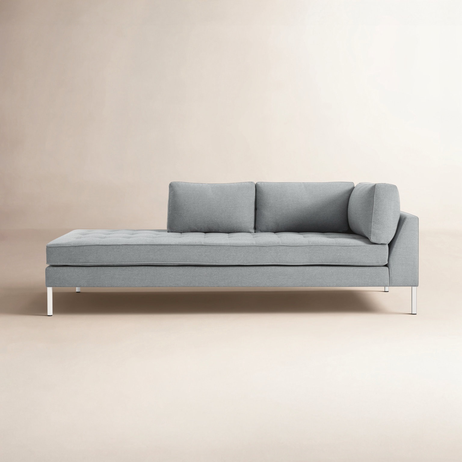 Paramount Upholstered Chaise Lounge, Left Hand Facing, Sanford Ceramic Crossweave, Stainless Steel