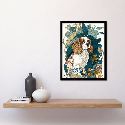 King Charles Spaniel Dog In Leafy Plants Modern - Single Picture Frame Print