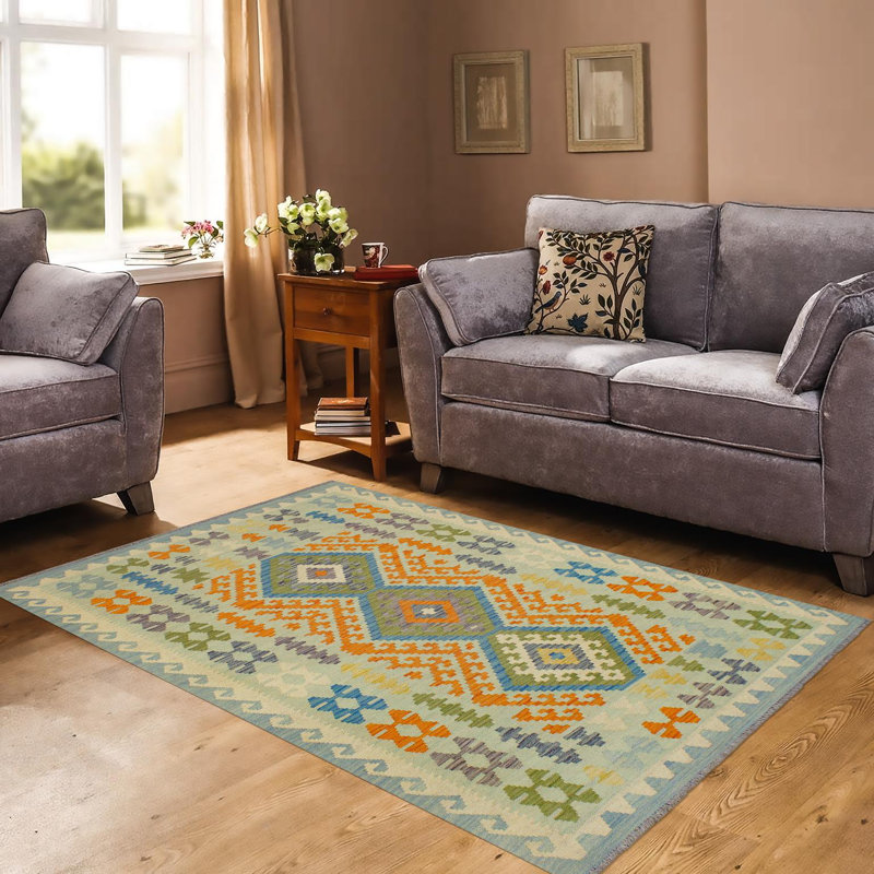 Tapis géométrique bleu orange en laine fabriqué à la main de 5 pi 1 po x 6 pi 4 po Kemorah