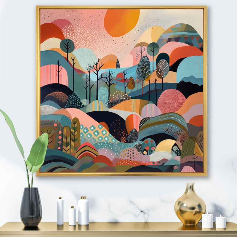 «Rose Blue Minimalims Explosion», reproduction d'art sur toile, H 30 po x l 30 po, Cadre flottant noir, Doré
