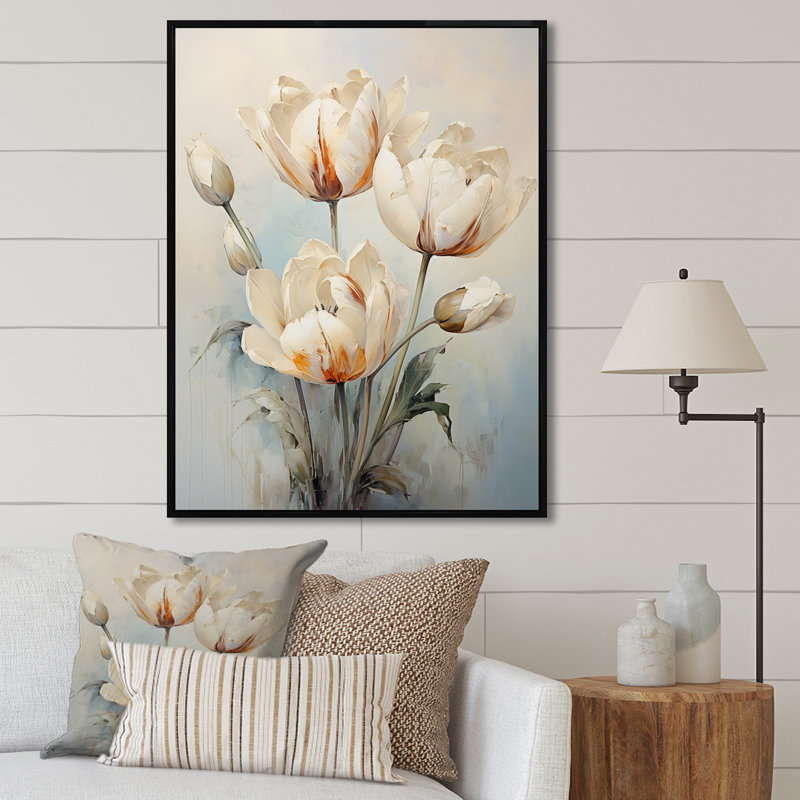 Minimalisme, symphonie de tulipes beiges sur toile, Cadre flottant noir, H 32 po x l 24 po x P 1 po