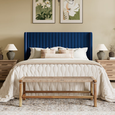 Candler Linen Upholstered Platform Bed with Wingback Headboard and Wooden Slats