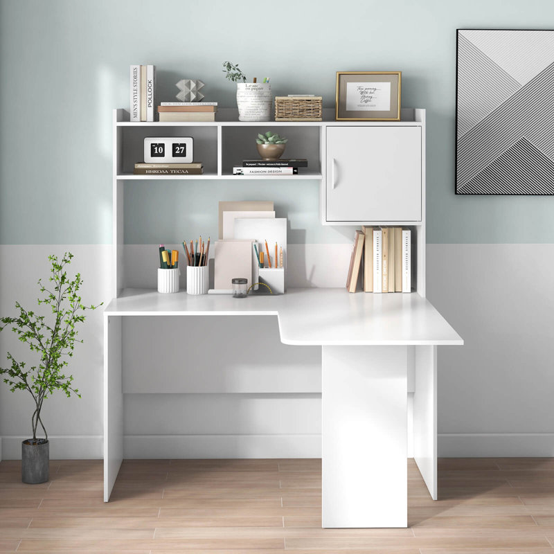 Bureau d'ordinateur en L avec étagère de rangement ouverte en L avec tablettes et armoire