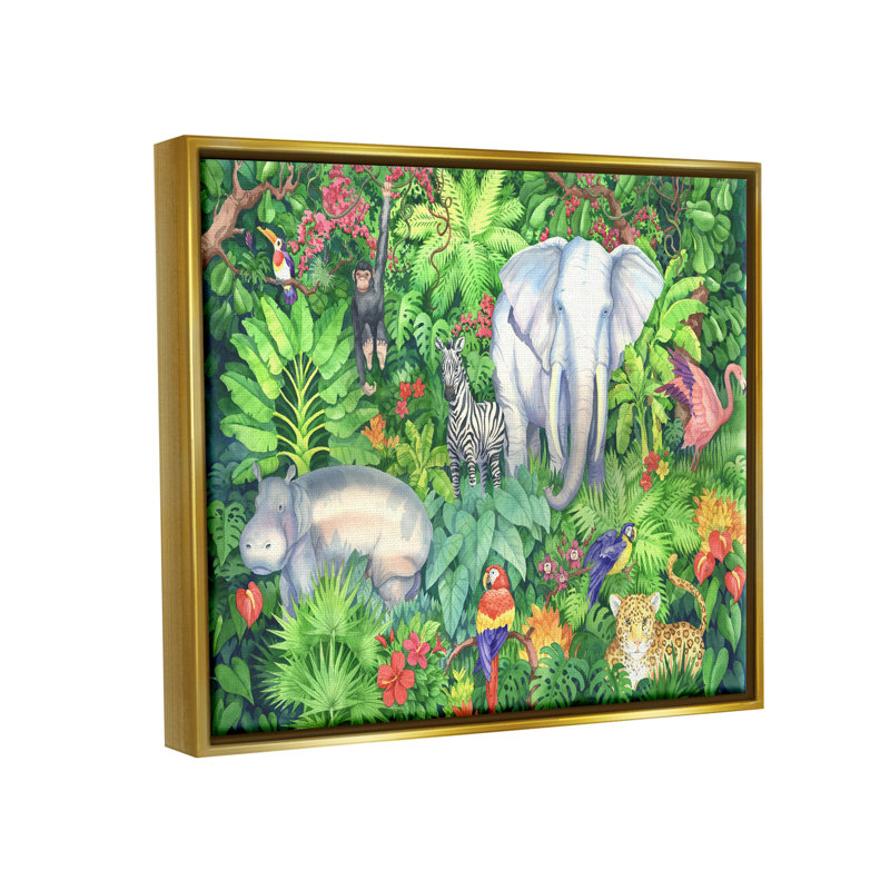 Detailed Safari Animal Jungle Print on Canvas with Gold Frame