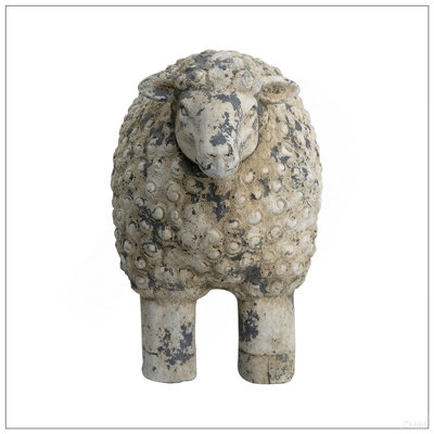 Figurine 18 x 9,5 x 14 po en forme de mouton au fini blanc patiné et gris vieilli