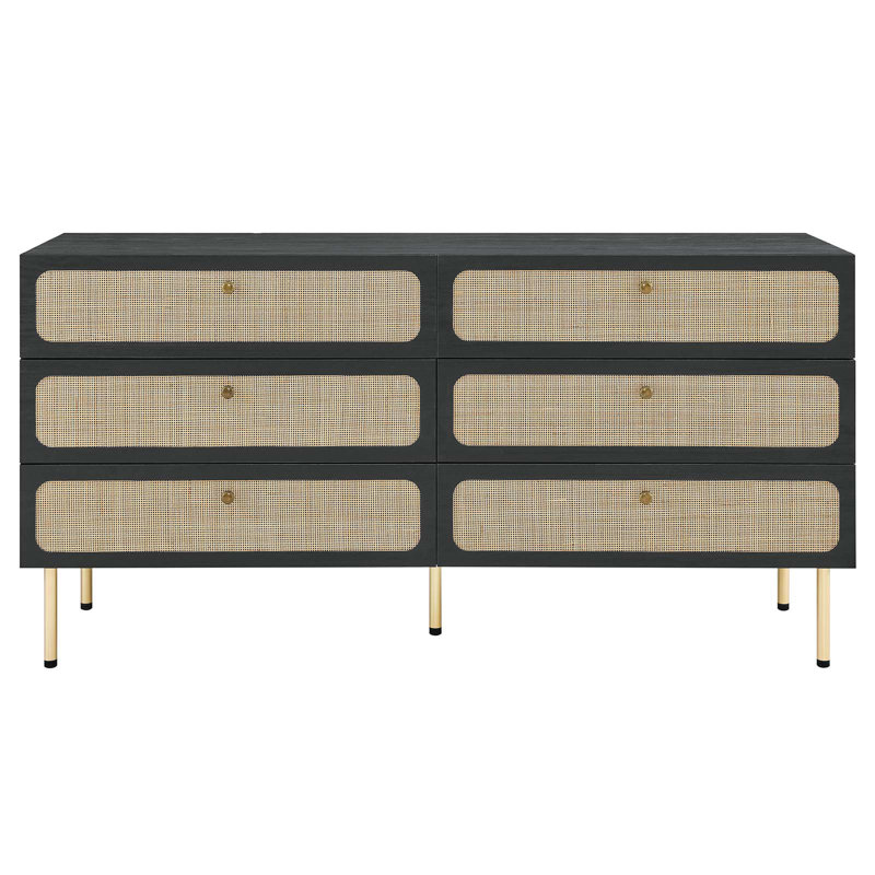 Chaucer Black 6-Drawer Dresser with Oval Rattan Detail