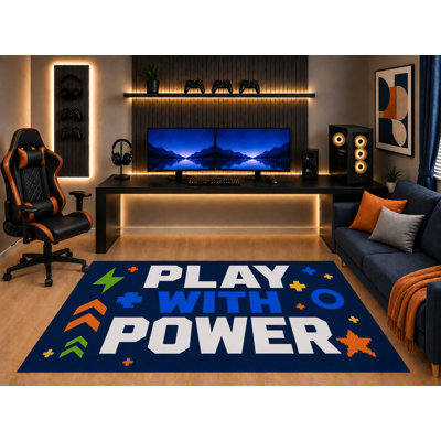"Ultra Light Weight" 5' x 7' Gamer Area Rug Play With Power Typography Arcade Gaming Art for Boys Bedroom Game Room Non-Slip Silicone Backing Low Pile