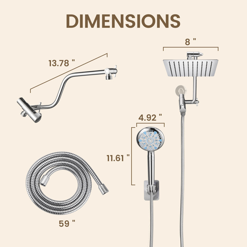 Pommes de douche 8 pouces avec douchette à 9 réglages et bras courbé réglable chromé, Chrome chrome