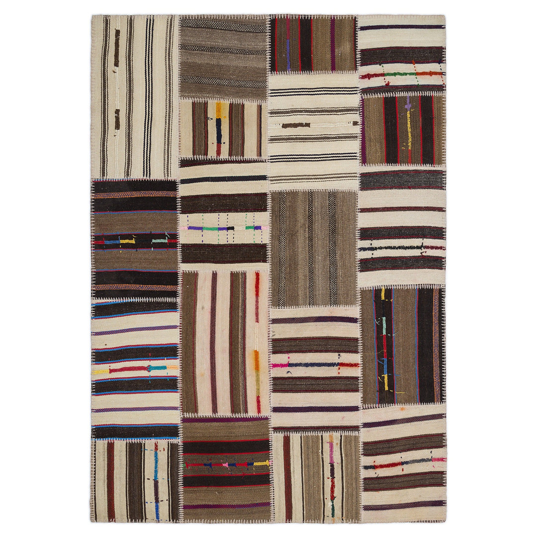Teselya Beige Striped Wool Handmade Area Rug