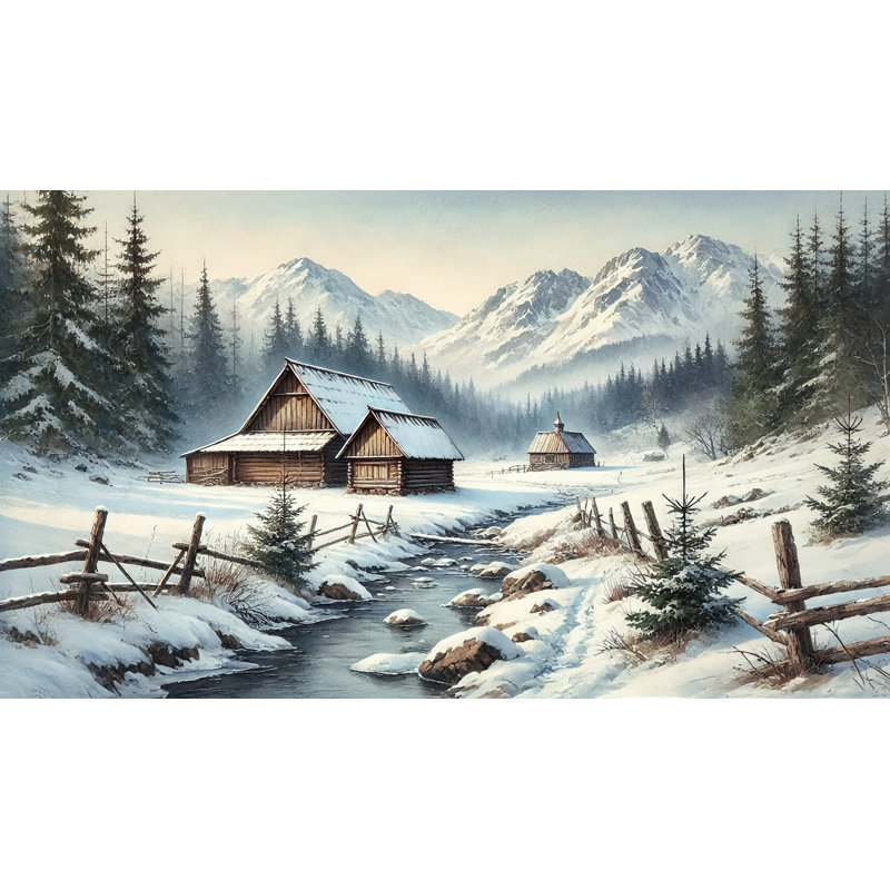 «Frozen Frontier: Snow-Covered Cabins» par Mountain Stream, H 20 po x l 36 po
