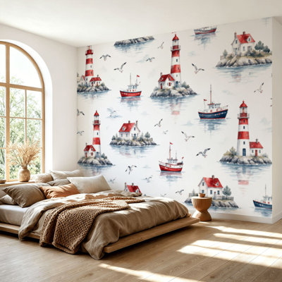 Wall Mural Peel and Stick Wallpaper Nautical seamless lighthouse boats seagulls Self-Adhesive Removable Contact Paper Wall Decor for Living Room Bedroom 69"H x 96"W