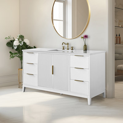 Lissandra 60" Single Bathroom Vanity In White With Engineered Stone Top