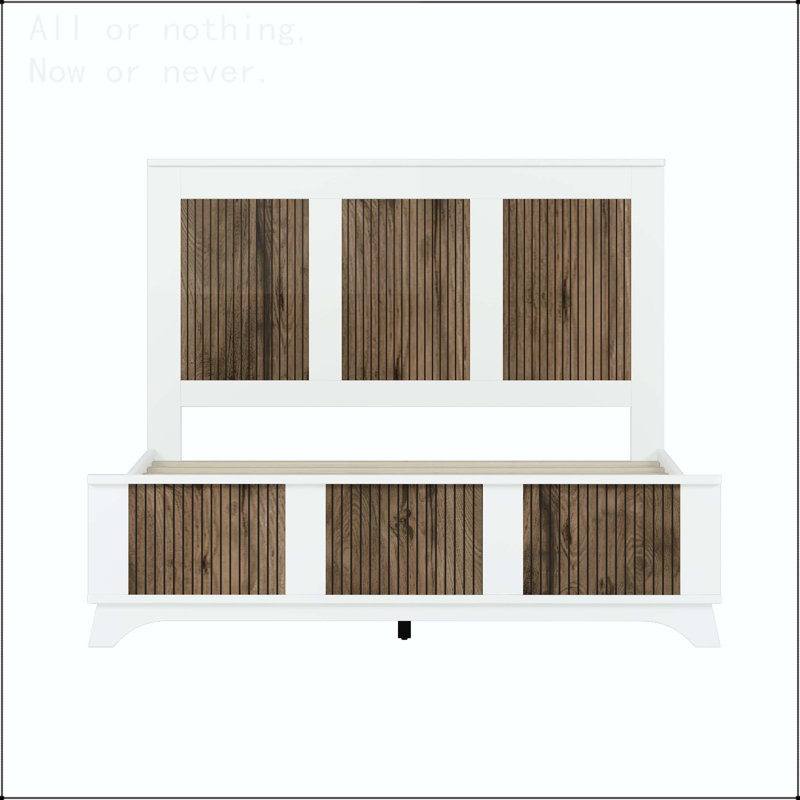 Queen Size Farmhouse Platform Bed with Wooden Strip Decoration and Plywood Slats Support, White