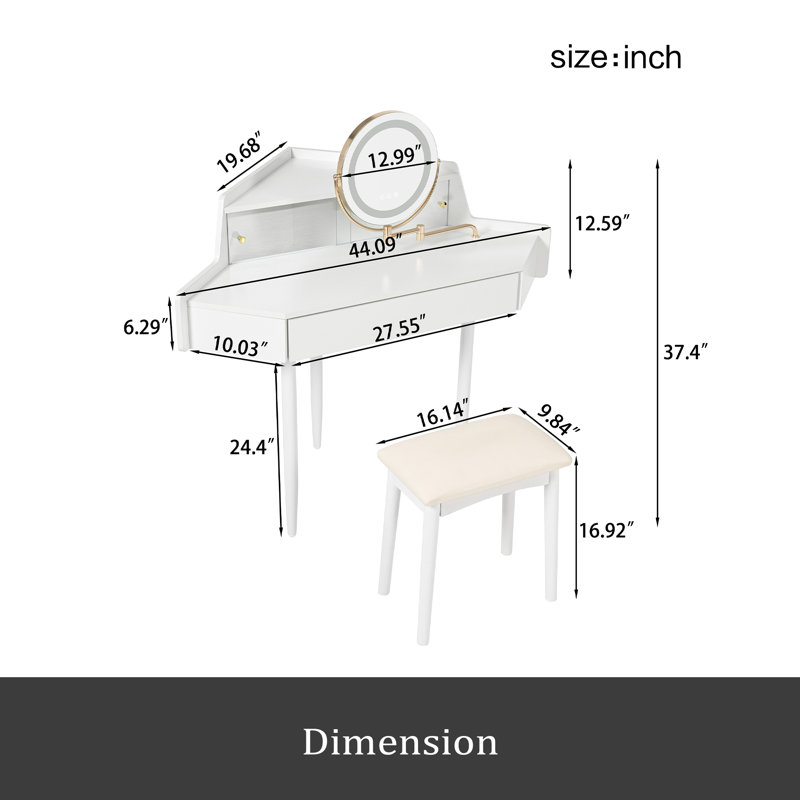 Meuble-lavabo de coin moderne avec grand rangement, miroir DEL et tabouret, luminosité réglable, peu encombrant