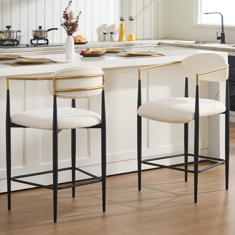 Tabouret de bar moderne à hauteur de comptoir rembourré avec dossier et accoudoirs, Crème, crème