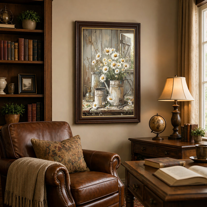 Art mural antique sur toile encadré doré pour le salon, la chambre à coucher, le bureau ou le vestibule - décoration murale décorative avec charme rustique