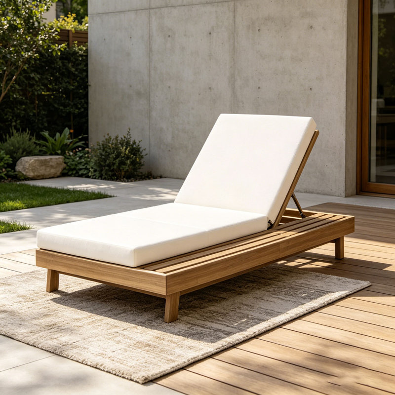 Acacia Wood Lounge Chaise With Water-Resistant Lounge Cushions, Cream & Triple Fold