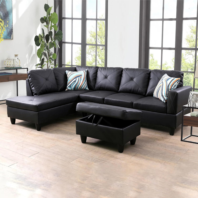 3-piece Black Faux Leather Modular Sectional Sofa, Left Hand Facing