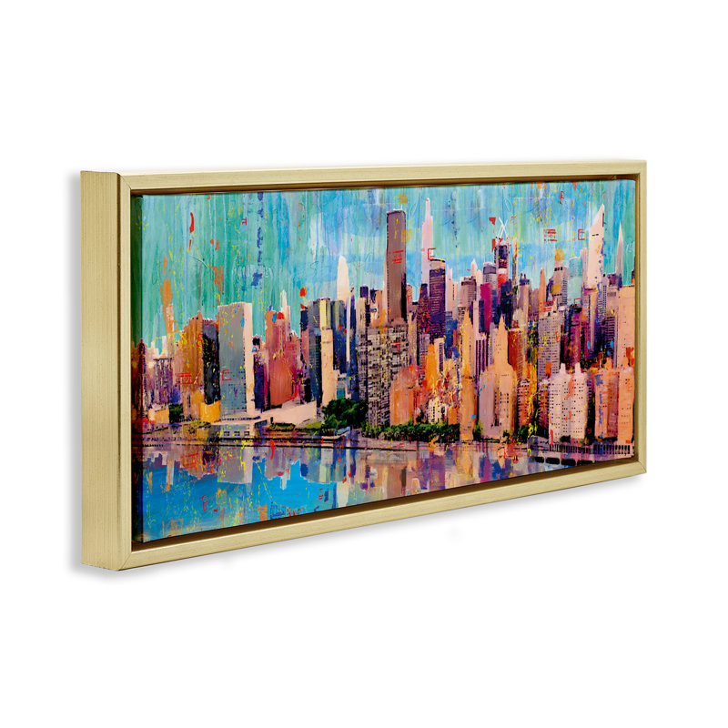 Cadre flottant Roosevelt Island Reflection, design par Porter Hastings, H 11 po x l 25 po, Cadre flottant métallique doré