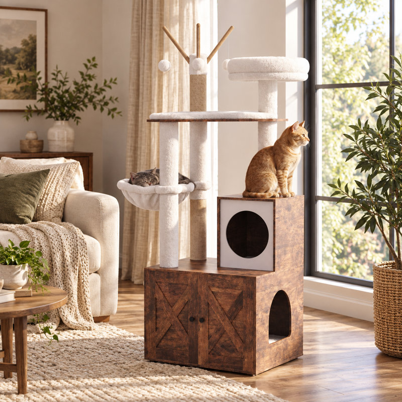 Arbre à chat avec bac à litière intégré, tour à chat de 145 cm de haut avec armoire de rangement, niche pour chat, hamac, griffoir en sisal, perchoirs moelleux et 3 jouets suspendus, marron vintage et blanc