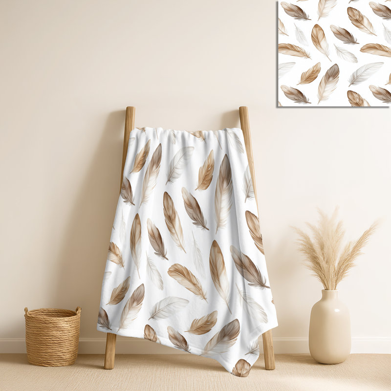 Boho Feathers Soft I - couverture florale douce, jeté en peluche Boho, Brown/Grey Landscape & Nature 1