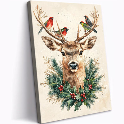 Renne de Noël, art mural sur toile - Scène d'hiver, peinture avec houx, oiseaux, impressions sur toile pour décoration murale maison de campagne, prêt à être accroché, 12 po x 16 po