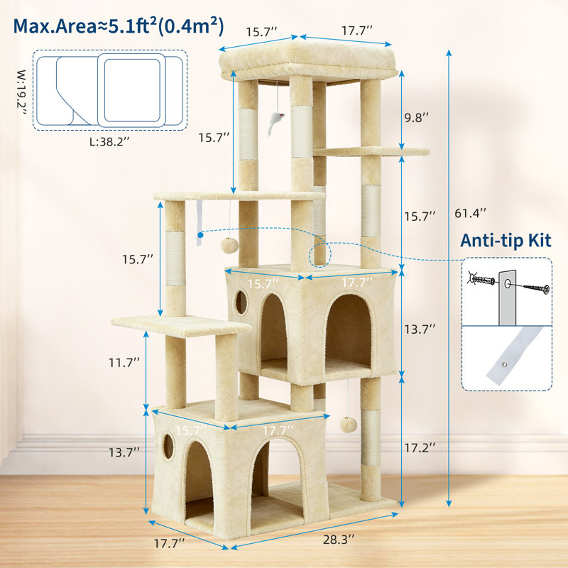 150cm Multi-Level Cat Climbing Tree Cat Tower for Indoor Large Cats, 7 Sisal Posts 2 Cages 2 Balls 4 Perches, Beige