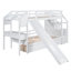 Lit superposé simple au-dessus de simple avec escalier de rangement, glissière et tiroirs, bureau avec tiroirs et tablettes, blanc