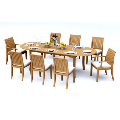 Ensemble de salle à manger 9 pièces en bois de teck de qualité A: table ovale à double extension de 94 po et 8 chaises Lagos (2 et 6 chaises sans accoudoirs) # 11LG2202