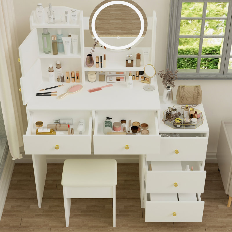 Bureau de meuble-lavabo moderne pour chambre à coucher, blanc, avec miroir et lumières, plusieurs rangements, tablettes réglables, maquillage et lumières pour la chambre à coucher - 3 choix de couleurs, tablettes,