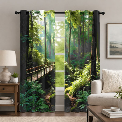 2Pcs Green Forest and Wooden Bridge Curtains, Scenic Landscape Style Curtain, Natural Sunlight Woods Printed Art Grommet Drapes, Window Treatment for Bedroom Living Room Decor